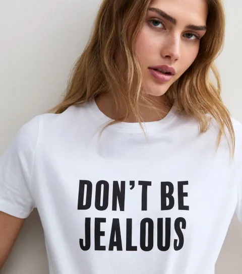New Look Women's White Cotton Don't be Jealous Logo T-Shirt