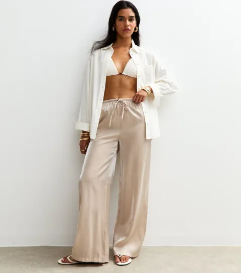 Women's Cream Shimmer Satin Wide Leg Trousers
