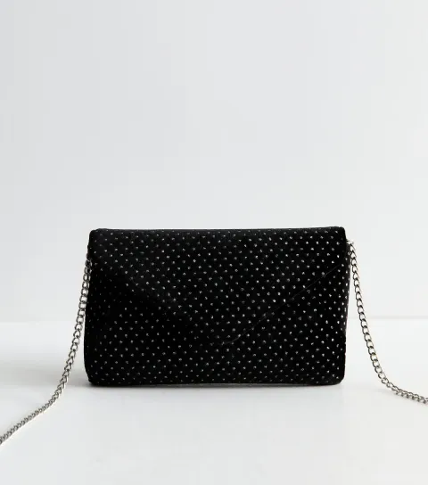 New Look Black Velvet Glitter Spot Clutch