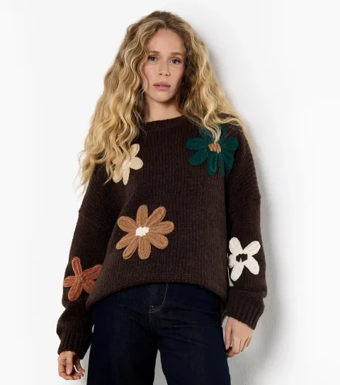 Apricot Women's Dark Brown Chunky Knitted Crochet Floral Oversized Jumper