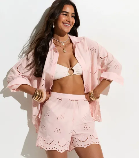 Women's Light Pink Shell Cutwork Embroidered Beach Shorts