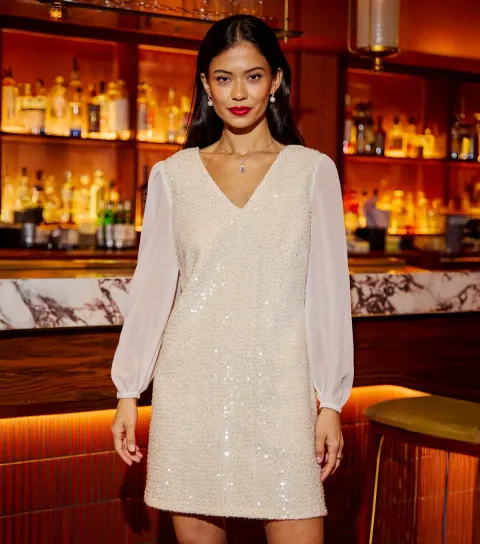 Women's White Sequin V Neck Tunic Dress