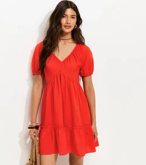 Women's Bright Red Textured Tiered Mini Smock Dress
