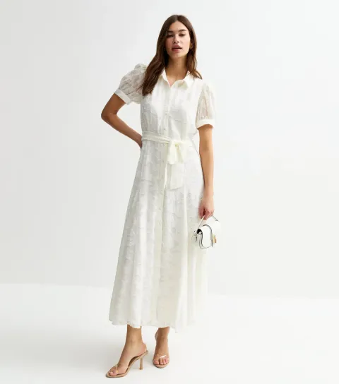 Women's White Devore Belted Midi Shirt Dress