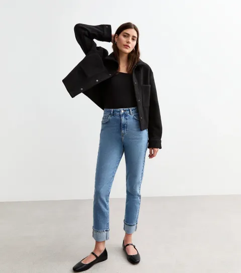 Women's Blue Straight Leg Turn Up Jeans