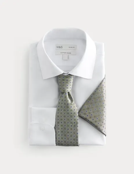 Marks & Spencer Slim Fit Easy Iron Shirt & Tie Set Green Mix