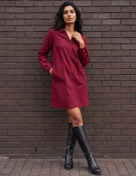 Roman Pure Cotton Collared Button Detail Knee Length Shirt Dress Burgundy