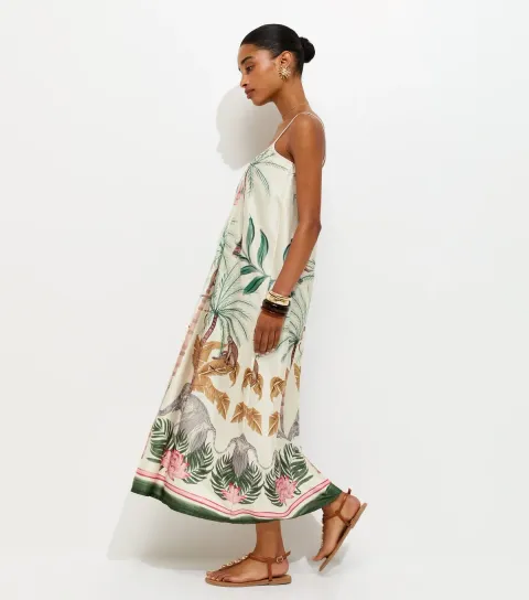Women's White Tropical Print Strappy Satin Midi Dress