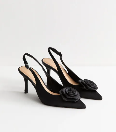 Women's Black Faux Suede Rose Slingback Court Shoes Vegan