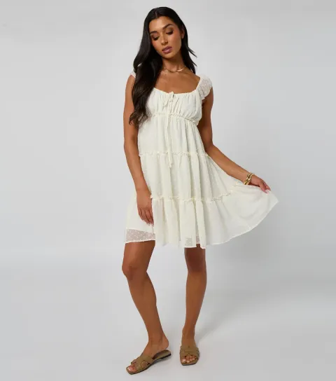 Women's Cream Ruffled Tiered Dress