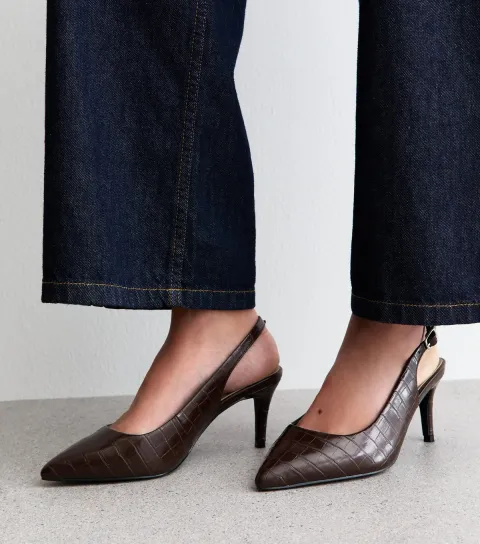 Women's Extra Wide Fit Brown Textured Slingback Court Shoes Vegan
