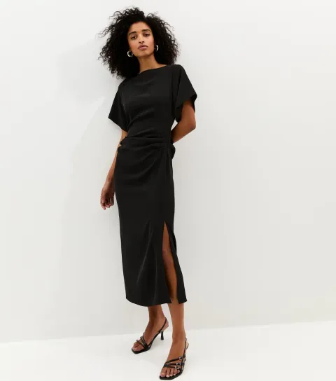 Women's Black Ruched Waist Short Sleeve Midi Dress