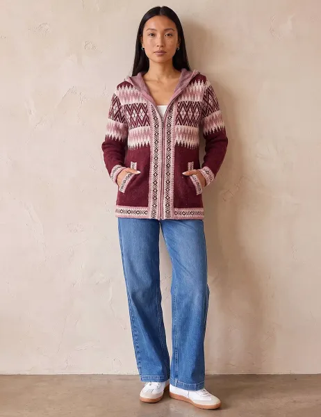 Roman Jacquard Zip Up Hooded Cardigan Burgundy Mix
