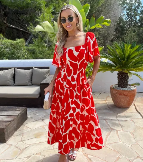 Women's Red Shirred Waist Smock Midi Dress