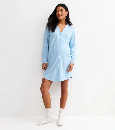 Women's Maternity Light Blue Revere Collar Night Dress
