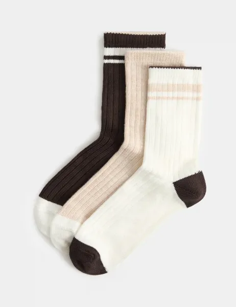 Marks & Spencer 3 Pack Thermal Rayon Rich Striped Crew Socks Brown Mix