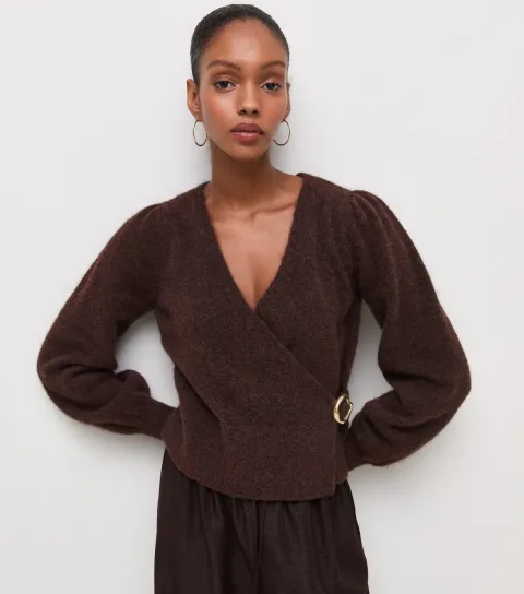 New Look Women's Dark Brown Knitted Buckle Wrap Jumper with Wool