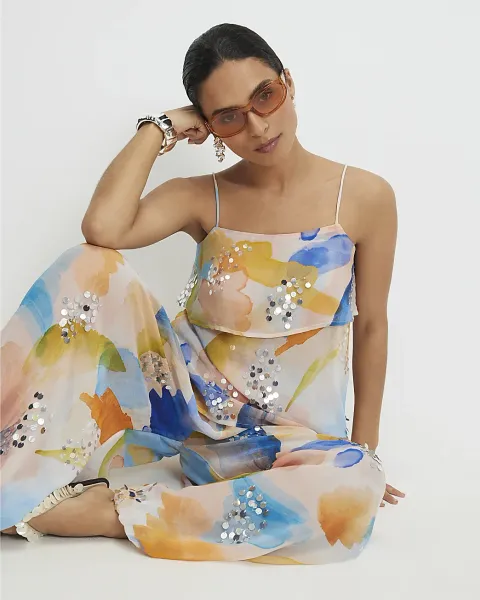 River Island Petite Blur Print Tiered Cami Top