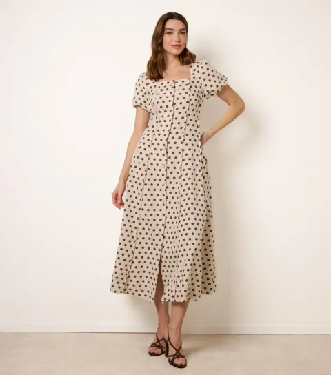 Women's Stone Linen Polka Dot Puff Sleeve Midi Dress