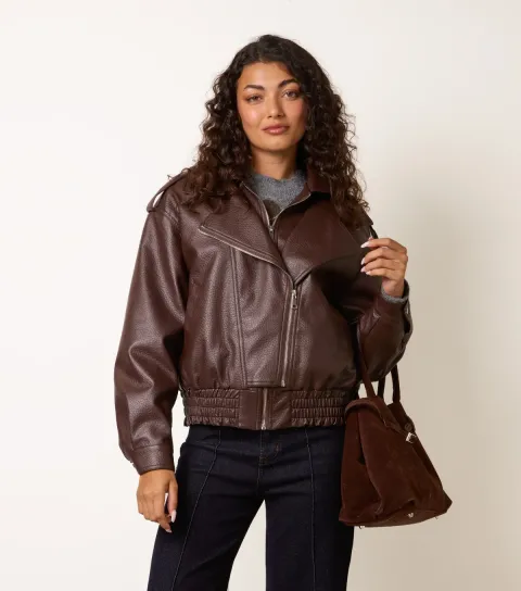 Blue Vanilla Women's Dark Brown Faux Leather Double Zip Oversized Jacket