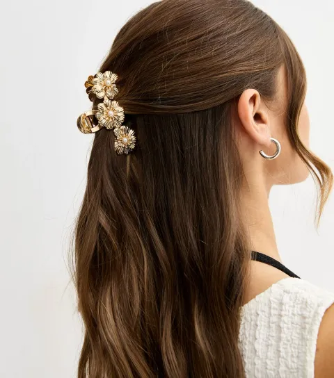 Gold Faux Pearl Embellished Floral Hair Clip