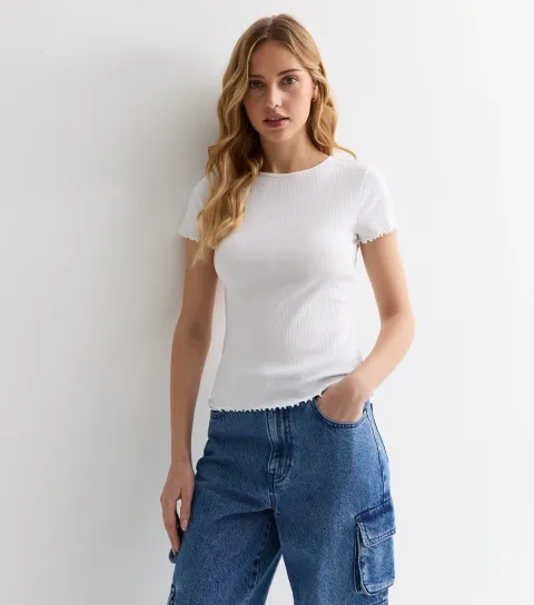 Women's White Soft Stretch-Cotton Frill-Trim T-Shirt