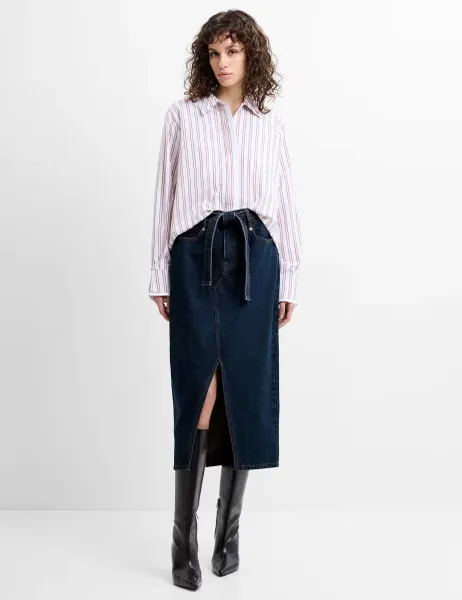 French Connection Denim Belted Midi Skirt Blue Denim