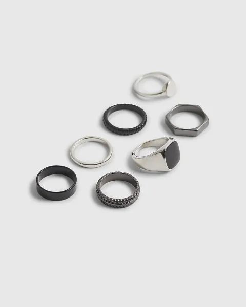 River Island Metal And Black Rings 7 Pack