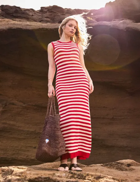 Pure Cotton Striped Knitted Midaxi Column Dress Red Mix