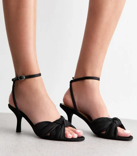 Women's Black Satin Twisted Ankle Strap Stiletto Heel Vegan