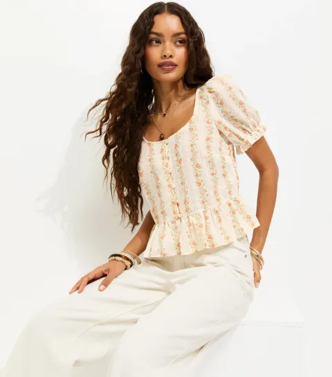Women's Petite White Cotton Rich Stripe Ditsy Button Tea Blouse