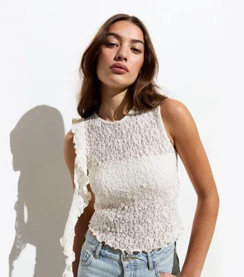 Women's Cream Crinkle Lace Dangle Trim Top