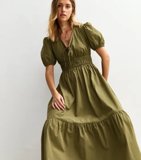 Women's Light Khaki Cotton V-Neck Midi Smock Dress
