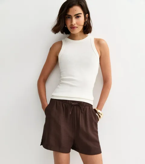 Women's Dark Brown Woven Drawstring Shorts