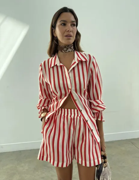 Never Fully Dressed Striped Collared Tie Detail Shirt Red Mix
