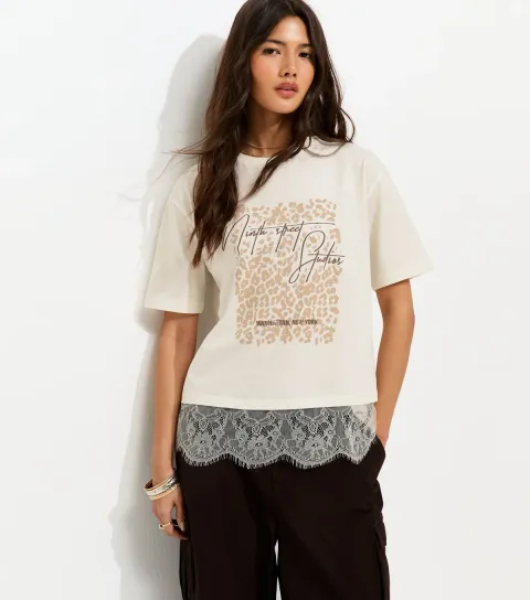 Women's Cream Cotton Leopard Lace Trim T-Shirt