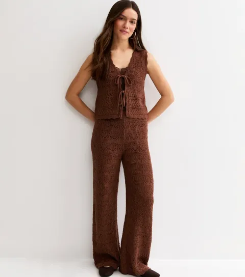 Women's Petite Brown Cotton Rich Wave Stitchy Crochet-Look Knit Trousers