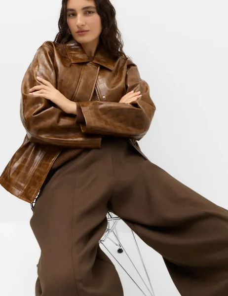 Marks & Spencer Croc Faux Leather Jacket Tan