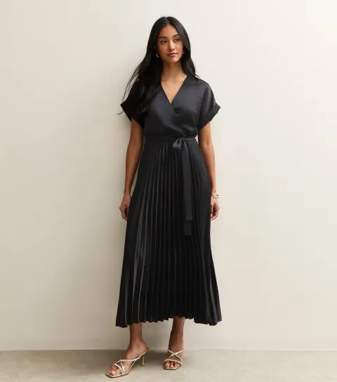 Women's Black Satin Pleated Wrap Midi Dress