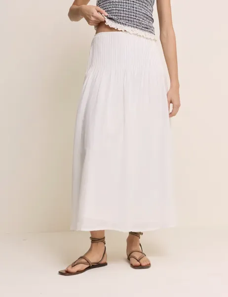Nobody's Child Pure Cotton Pintuck Midi A-Line Skirt White