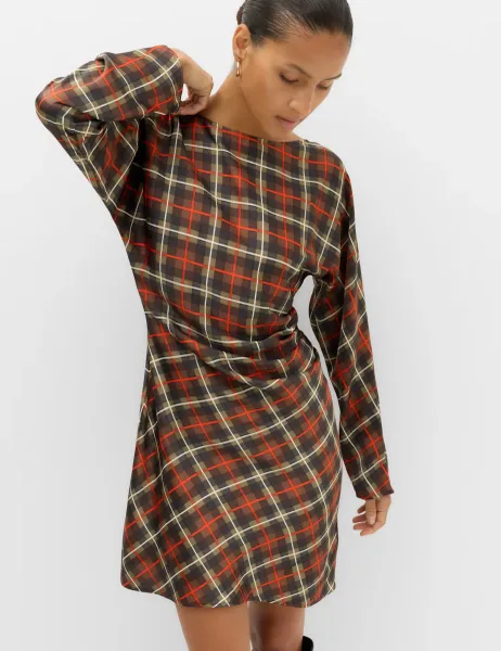Marks & Spencer Checked Ruched Long Sleeve Mini Waisted Dress Black Mix