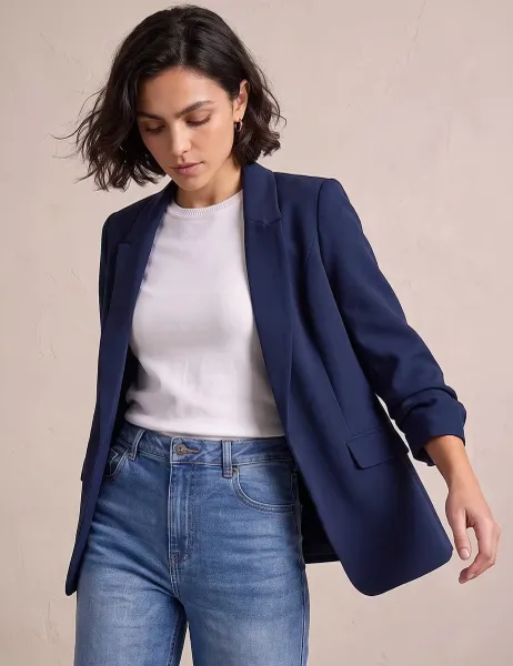 Roman Ruched Sleeve Oversized Cropped Blazer Jacket Navy Mix