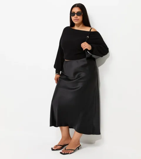 Women's Plus Size Black Satin Bias Cut Midi Skirt Curves