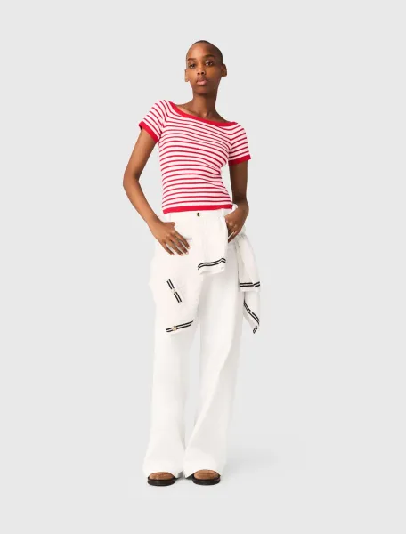 Striped knit top with boat neck