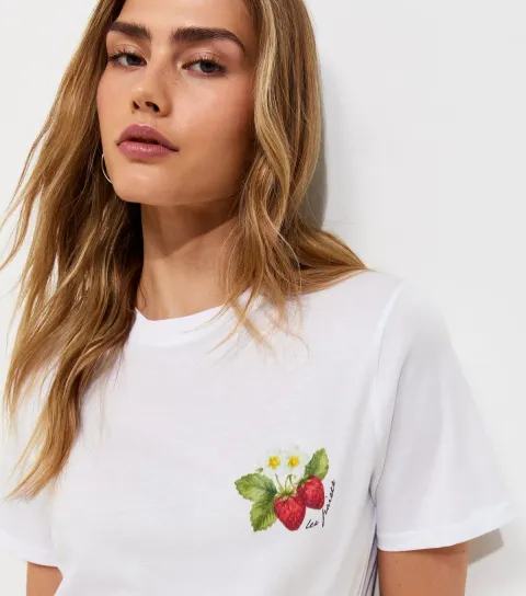Women's White Cotton Strawberry Print Relaxed T-Shirt