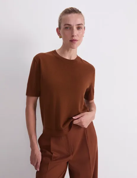 Sportscraft Pure Wool Striped Knitted T-Shirt Brown