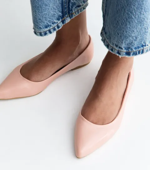 Women's Light Pink Patent Faux Leather Pointed Ballet Pumps Vegan
