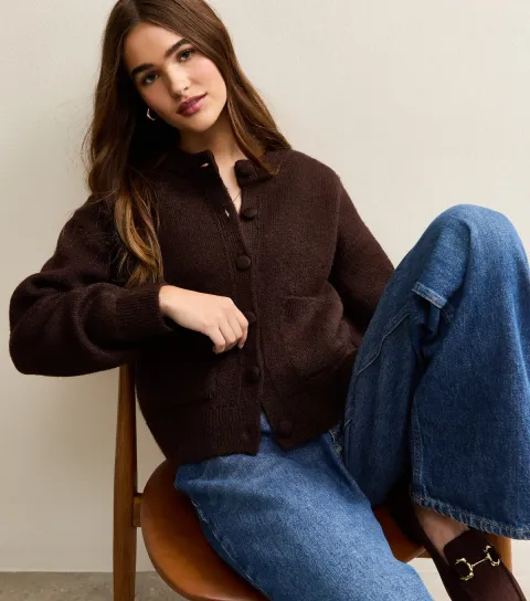 Women's Dark Brown Crew Neck Knitted Cardigan