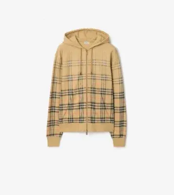 Gradient Check Cotton Zip Hoodie in Sand beige