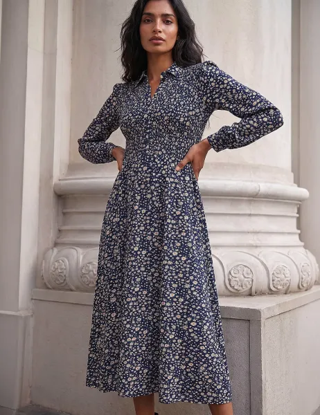 Roman Floral Shirred Midi Shirt Dress Navy